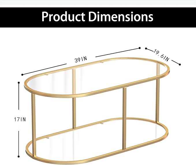 Coffee Table Gold Glass Coffee Table for Living Room,2 Tiers Oval Center Table with Sturdy Metal Frame,Modern Tempered Glass Accent Table for Bedroom Home Office