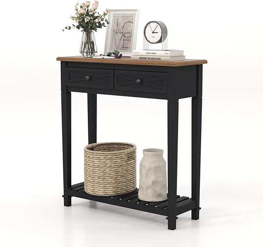 KINTNESS Entryway Table, Narrow Console Table with 2 Drawers, Sofa End Table with Shelves for Living Room Hallway, Black