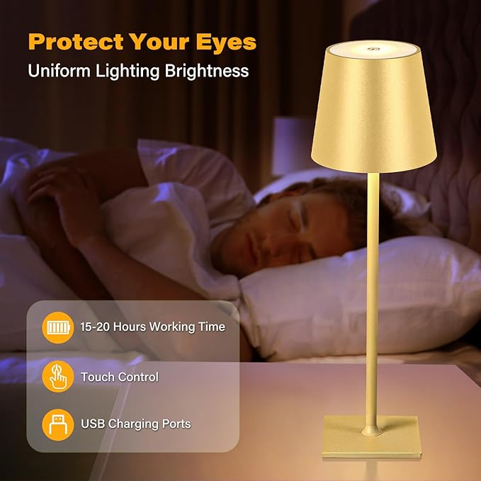 2 Pack Cordless Table Lamps, 3 Colors Stepless Dimming, 5000mAh Rechargeable Battery LED Desk Lamp for Bedroom/Couple Dinner/Desk/Cafe/Dining Room/Terrace
