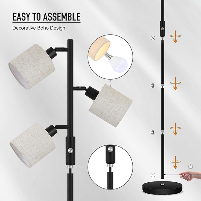 Floor Lamps for Living Room, Standing Lamp, 3-Light Tree Floor Lamp with Lampshade, Reading Floor Lamp with Rotary Switch, 63" Tall Lamp, Modern Pole Lamp for Bedroom Office Kids Room (5W LED Bulbs)