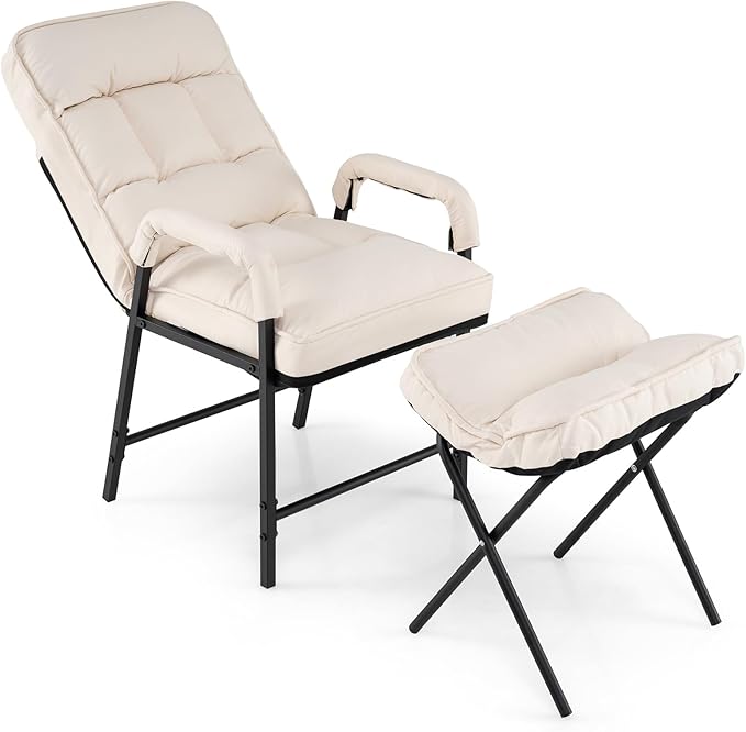 Giantex Modern Accent Chair with Ottoman, Upholstered Arm Chair with Adjustable Backrest & Solid Metal Frame, Linen Fabric Single Sofa Chair and Footrest Set for Bedroom, Living Room (Beige)