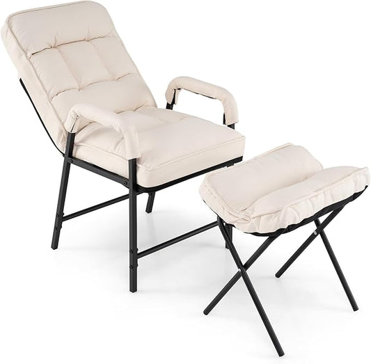 Giantex Modern Accent Chair with Ottoman, Upholstered Arm Chair with Adjustable Backrest & Solid Metal Frame, Linen Fabric Single Sofa Chair and Footrest Set for Bedroom, Living Room (Beige)