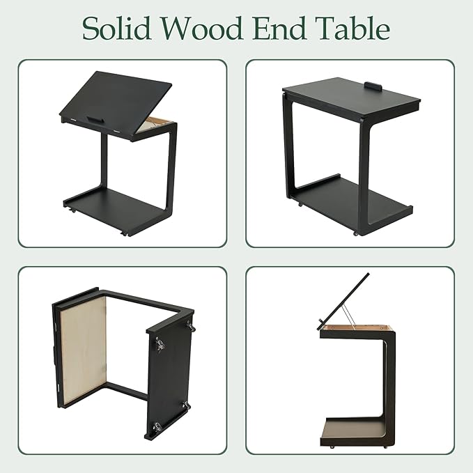 C Shaped Rolling End Table with Wheels - Solid Wood Side Table for Couch, Wooden Modern Tv Tray Bedside Tables for Sofa Armchair Living Room Bedroom, Black, 15.4 in x 23.6 in x 24.8 in