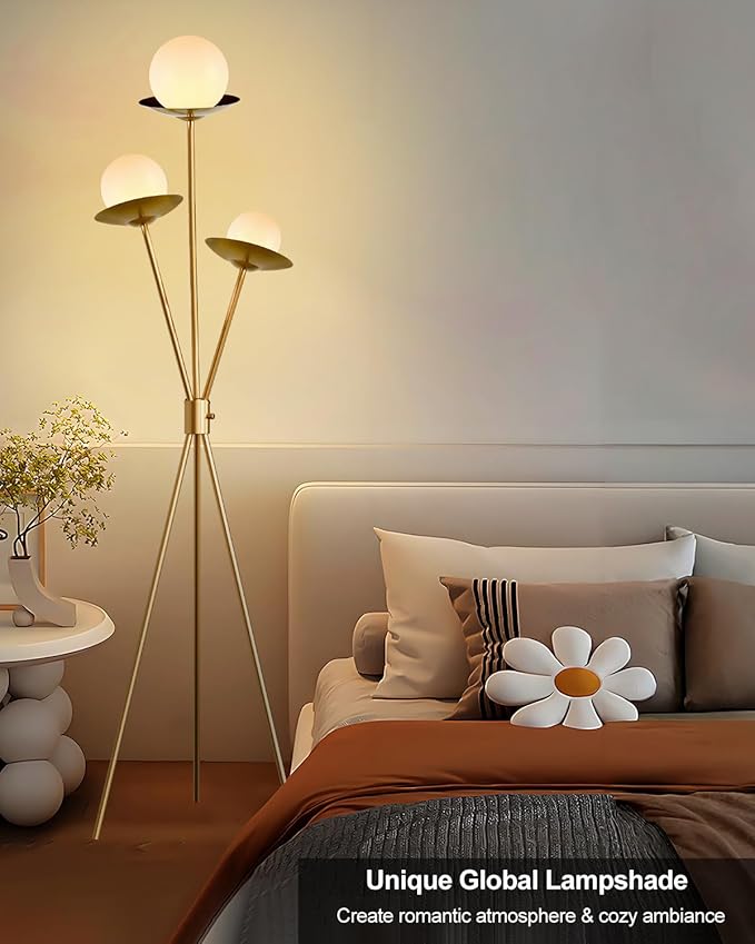 Lightdot Tripod Floor Lamp Dimmable Globe Floor Lamps with 3 LED Bulbs, 3000K Soft Warmwhite Mid Century Modern Standing Lamps Gold Tall Lamp for Living Room Bedroom
