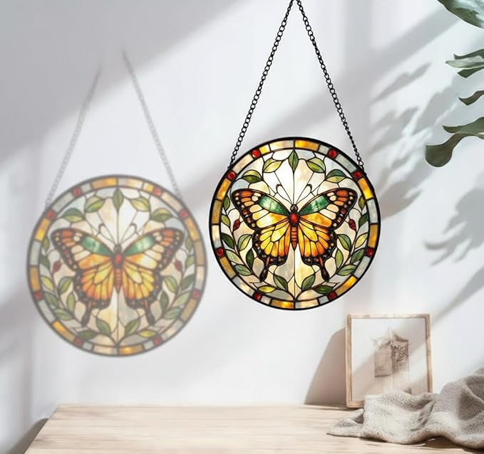 Butterfly Stained Glass Sun Catcher for Window Hanging, Yellow Butterfly Suncatcher for Indoor Window Decoration, Stained Glass Panel Home Decor for Women, Mom (Yellow, 6.3'')