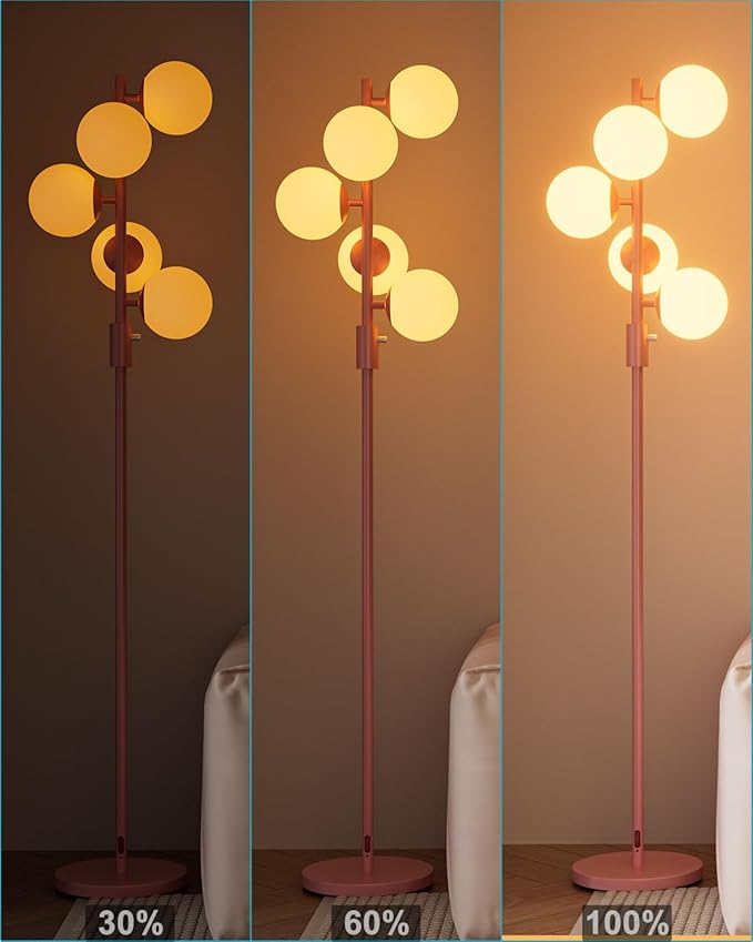 Lightdot Pink Floor Lamp Dimmable (Brightness Adjustable) Globe Retro Standing Lamps with 5PCS 3000K G9 Bulbs, Mid Century Modern Floor Lamp for Living Room Bedroom Home Office