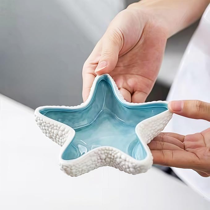Starfish Jewelry Dish Ceramic Holder Ring Trinket Tray, Ocean-themed Decorative Trinket Dish, Suitable for Mother Friend Sister, Gifts for Women, Home Decor Trinket Dish(Sea Blue)