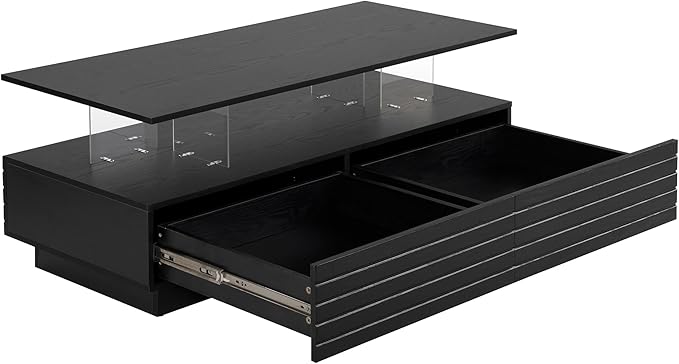 Merax 47.2" Modern Rectangular LED Lights Coffee Table with 2 Drawers, Black