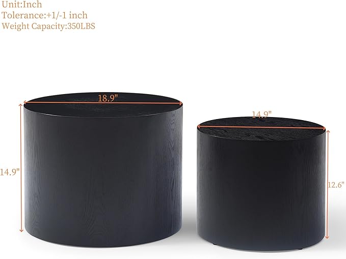 Nesting Coffee Table Set of 2, Modern Round Wooden Circle Accent Coffee Tables for Small Spaces Living Room Bedroom Balcony Office Drum Side Table