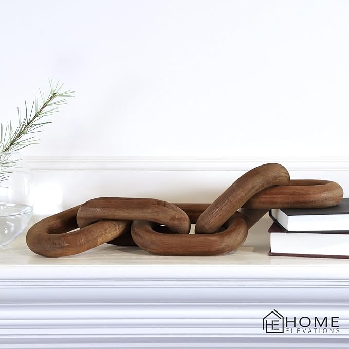 Acacia Wood Chain Link Decor- Brown with Subtle Red Undertone Decorative Chain Links for Coffee Table, Book Shelves, & Racks - Modern Rustic Home Decor Gift Ideas for Housewarming & Wedding