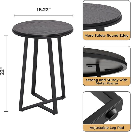 Round End Table, Small Side Table Black Color MDF Top, Metal Frame Black, Tall End Side Table for Bed Room, Coffee Tea End Table for Living Room(Round Black)
