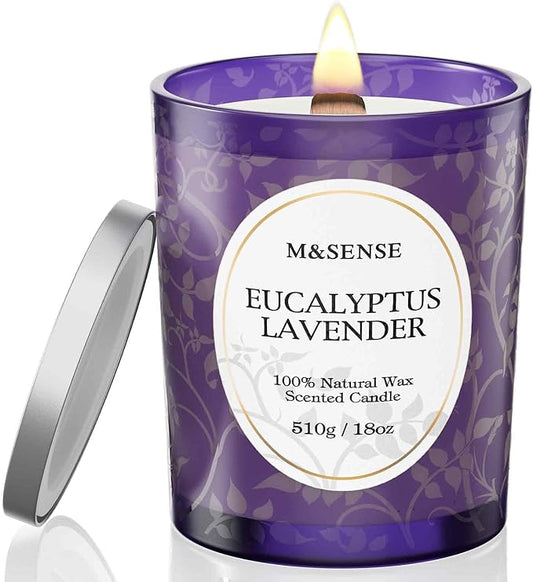 M&SENSE Eucalyptus Lavender Scented Candle, Cracking Wooden Wick Soy Wax, 18oz 100 Hours Long Lasting Clean Burn, Large Jar Candles for Home Decor, Non-Toxic Relaxing Aromatherapy Gifts for Women