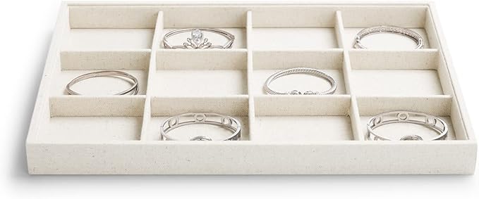 12 Grids Linen Jewelry Trays Bangl Earring Holder Tray Stackable Jewelry Organizer For Drawer (Beige)
