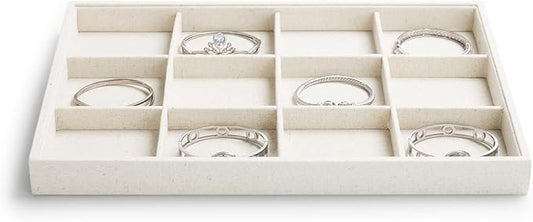 12 Grids Linen Jewelry Trays Bangl Earring Holder Tray Stackable Jewelry Organizer For Drawer (Beige)