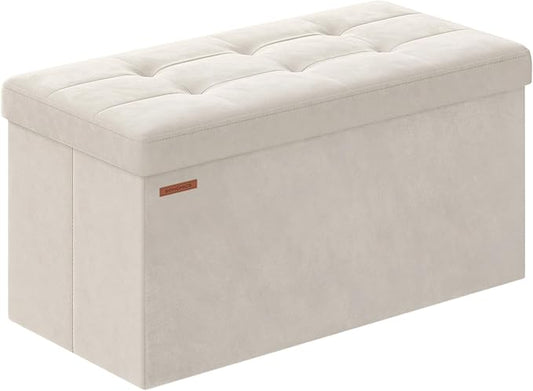 SONGMICS Mazie Collection - Storage Ottoman Bench, Foldable Foot Rest, 15 x 30 x 15 Inches, End of Bed Bench, Storage Chest, Load 660 lb, Living Room, Bedroom, Entryway, Cream White ULSF247W01