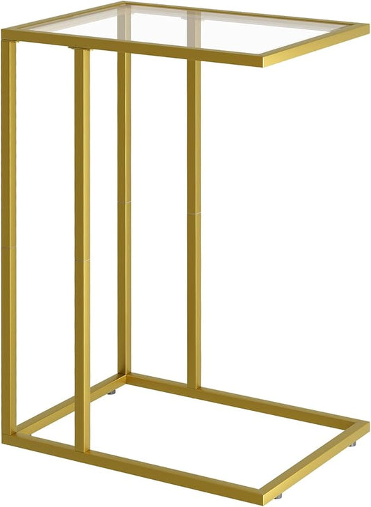 C-Shaped End Table, Side Table for Couch,Sofa Snack Table with Tempered Glass & Metal Frame,Small TV Tray Table for Small Space,Living Room, Bedroom, Bedside,Modern Style, Gold