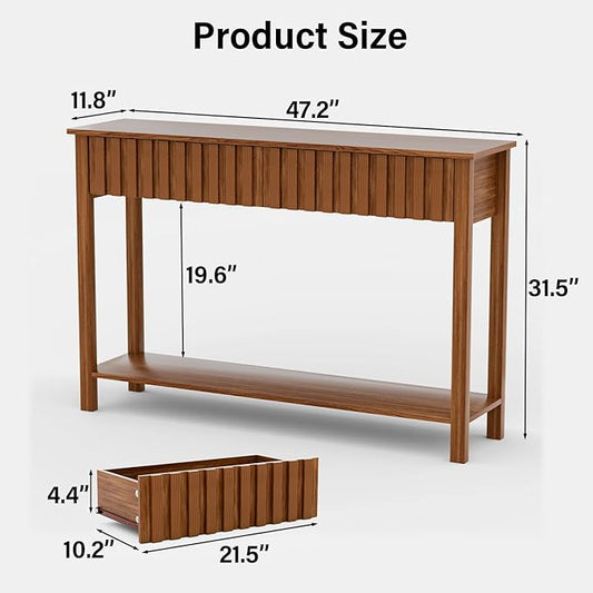 CHUWELL Entryway Console Table with 2 Fluted Drawers and Shelf, 47.2" Mid Century Entryway Table, Sofa Table for Living Room and Hallway (Brown)
