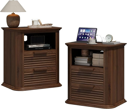 22'' Fluted Nightstand with Charging Station Set of 2, Modern End Table with 2 Drawers and Open Storage, Wood Night Stand with Round Corner, Side Table for Bedroom, Living Room, Curved Profile,Walnut