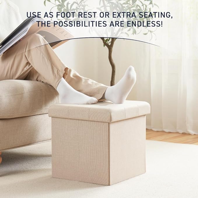 Ornavo Home 15 Inch Folding Storage Ottoman, Square Small Storage Foot Rest Stool, Bedroom Bench - Beige