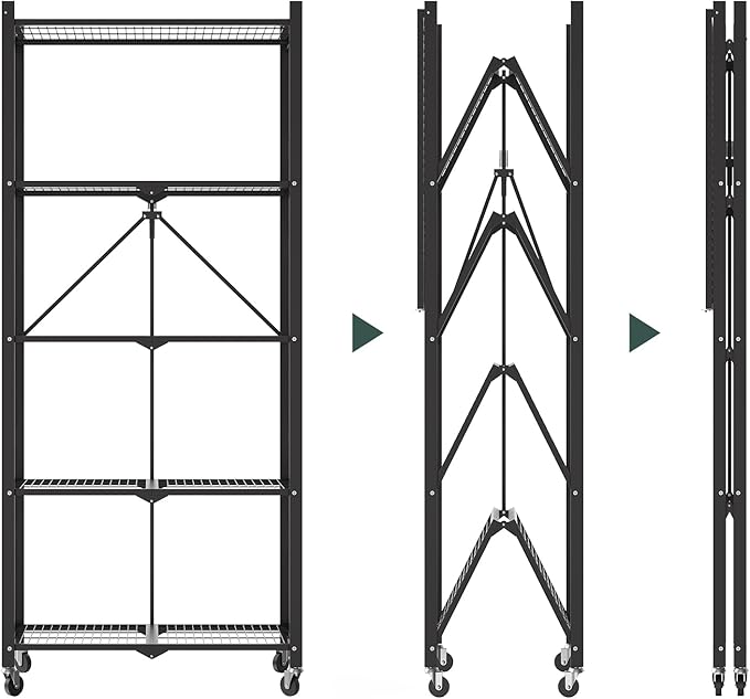64" H 5 Tier Foldable Storage Shelf with Wheels, Folding Shelving Loads 500 LBS, Metal Steel Garage Shelves, Rolling Standing Utility Rack for Kitchen, Pantry, Office, Black