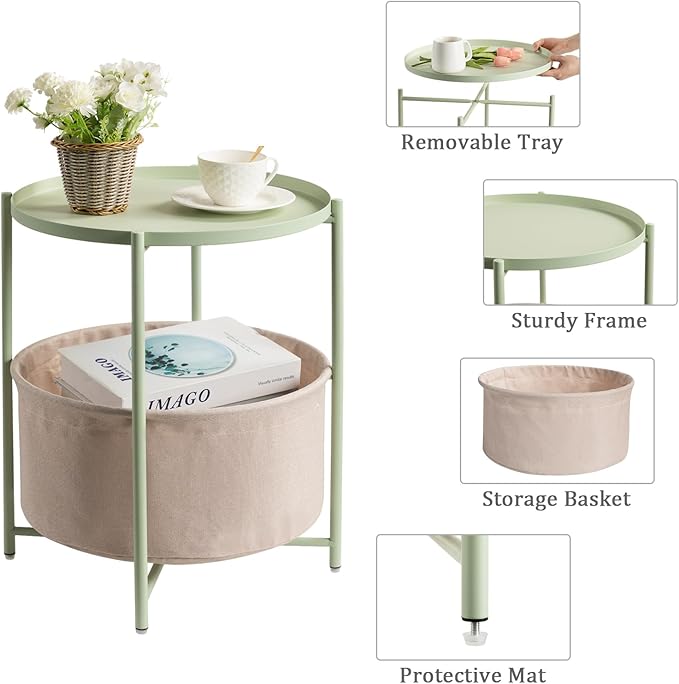 danpinera Round Side Table with Fabric Storage Basket, Metal Side Table Small Bedside Nightstand with Removable Tray Top for Living Room, Bedroom, Nursery, Laundry, Light Green
