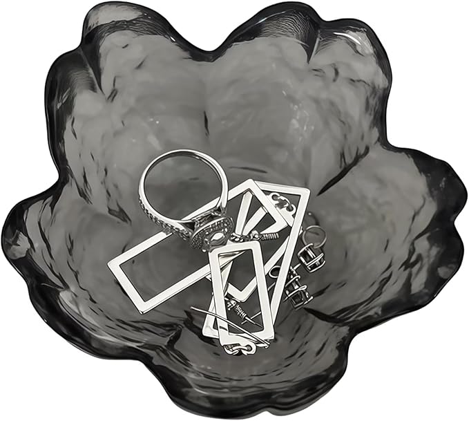 Black Crystal Flower Jewelry Ring Dish, Clear Trinket Bowl, Cute Nightstand Decor Ring Holder for Women, Home Decor Gifts for Women, Wedding, Birthday, Mother's Day