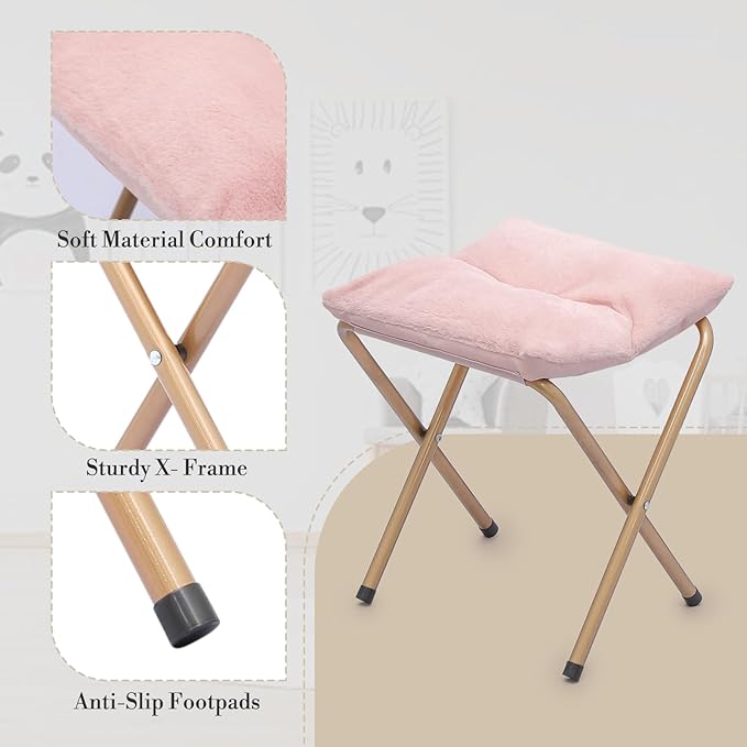 Athena Collection Saucer Chair with Ottoman Comfy Chair for Bed Room Living Room Folding Round Cozy Chair Faux Fur Metal Frame Foldable Lazy Chair Accent Chair Reading Chair Set of 2, Pink