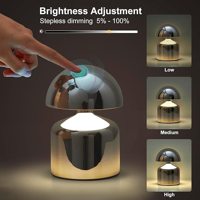 Modern Cordless Mushroom Small Table Lamp Touch LED Lamps, 3-Way Dimmable Bedside Nightstand Lamp Mini Rechargeable Night Light for Bedroom, Living Room