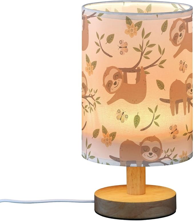 Table Lamp Cute Sloth Butterfly Floral Tree Pattern Nightstand Lamp with Wood Base Fabric Lamp Shade Bedside Desk Lamp for Living Room Bedroom Kids Room Office