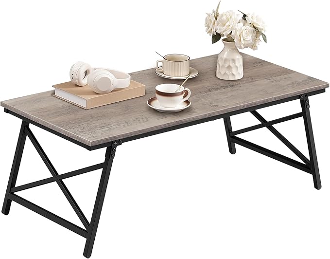 41.3" Folding Coffee Table with Safety Buckles, Low Coffee Table, Portable Floor Table, for Sitting on The Floor, for Living Room, Bedroom, Balcony, Caravan, Greige and Black TKF01BG