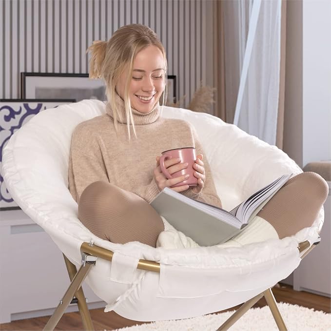 Milliard Saucer Chair For Adults, Teens & Kids, White, Faux Fur XL Circle Chair for Bedroom, Dorm & Gaming, Foldable Comfy Accent Seat for Small Spaces, Folding Moon / Mushroom / Round Oversized Style