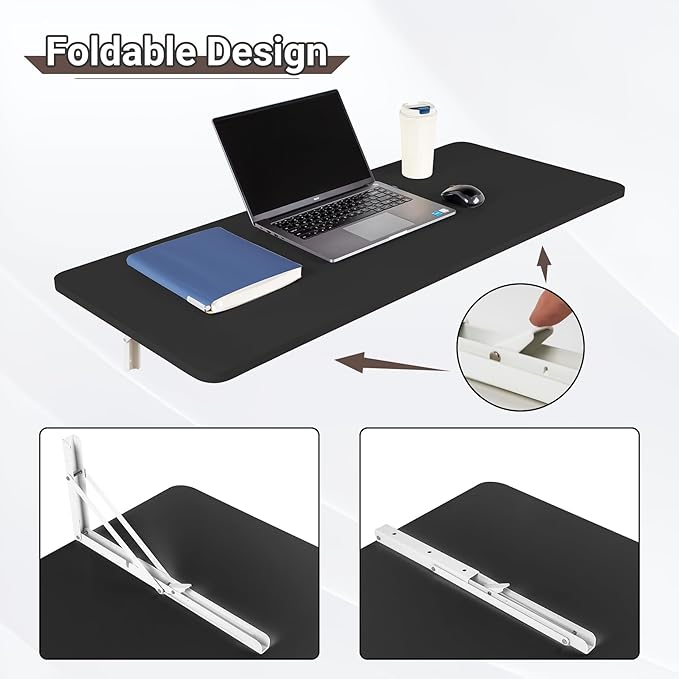 Wall Mounted Folding Table 47.2”L x 19.7”W, Laundry Folding Table with Heavy Duty Metal Collapsible Shelf Brackets, Wall Mounted Desk Fold Down for Small Spaces, Black