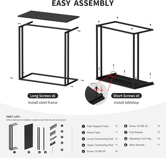 C-Shaped Side Table, Modern End Table with Metal Frame, Space Saving Design for Living Room，Large Surface Couch Table for Bedroom, and Home Office，24 x 12 x 24 inches (Black)