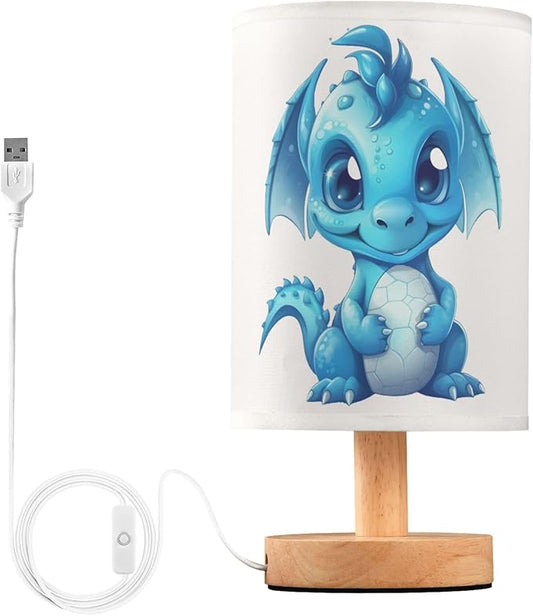 Table Lamp Blue Dragon Nightstand Lamp with Wood Base Fabric Lamp Shade Bedside Desk Lamp for Living Room Bedroom Kids Room Office