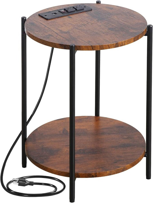 2 Tier Round Side Table, Folding End Tables Coffee Table Simplistic Sofa Table Waterproof Removable Tray Table Indoor Outdoor Accent Table for Living Room Bedroom (Brown, 1pcs)