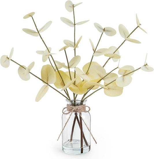 Artificial Eucalyptus Stems in Glass Vase with Faux Water, 14" Fake Plants for Home Decor, Coffee Table Centerpieces, Office, Bathroom & Farmhouse Weddings - Faux Plants Decorations