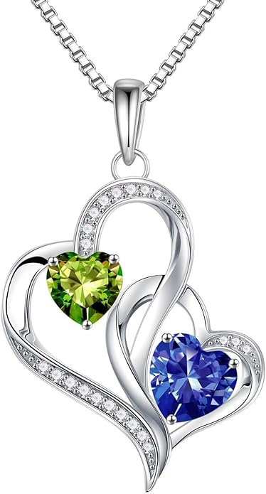 Iefil Christmas Gifts for Women - Double Heart Birthstone Necklace, 925 Sterling Silver Heart Pendant Necklace, Anniversary Birthday Gifts for Women | Personalized Jewelry Gift for Wife Mom Girlfriend