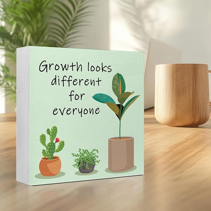 LVQHI Inspirational Wood Block Sign,Growth Looks Different for Everyone Plant Motivational Wooden Block Sign for Home Bedroom Office Desk Table Decor,Inspirational Cheer Up Gift for Coworker Green-2
