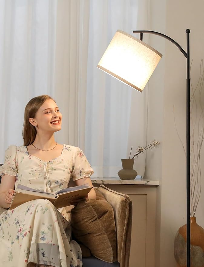 Ambimall 60" Floor Lamps for Living Room with 3 Color Temperatures, Standing Lamp Tall with Adjustable Linen Shade, Tall Lamps for Living Room Bedroom Office Classroom Dorm Room(9W Bulb Included)