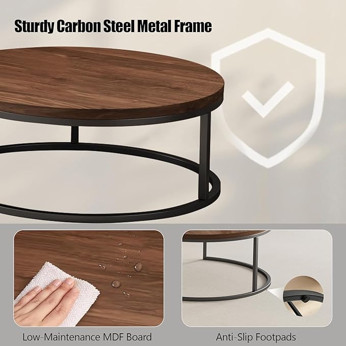 Round Nesting Coffee Table Set of 2, Modern Minimalist Accent Tables for Living Room, Bedroom, Office, Stackable Side Tables (Walnut)