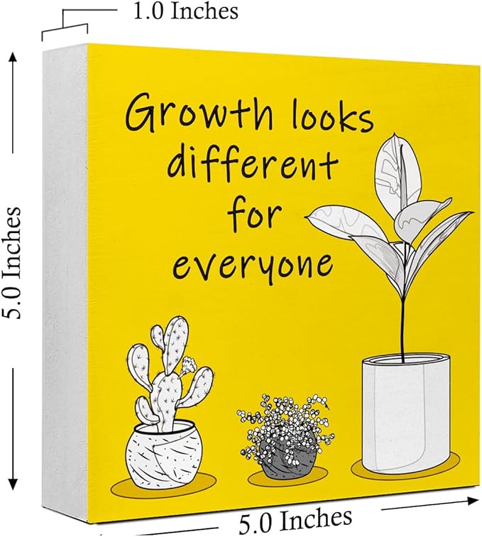 LVQHI Inspirational Wood Block Sign,Growth Looks Different for Everyone Plant Motivational Wooden Block Sign for Home Bedroom Office Desk Table Decor,Inspirational Cheer Up Gift for Coworker,5"x5"