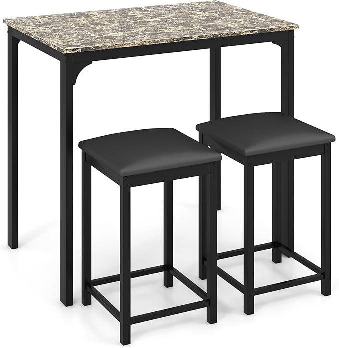 Giantex Dining Table Set for 2, Counter Height Bar Table with Faux Marble Pattern Tabletop, 2 Padded Bar Stools, Footrests, Metal Frame, Dinette Set for Kitchen Small Space Breakfast Nook Pub, Brown