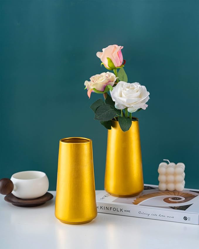 Gold Vase - 8" Gold Ceramic Flower vase for Home/Table/Accent Decor, Minimalist Modern Vases for Centerpieces, Room Decor, Living Room, Bedroom or Gift