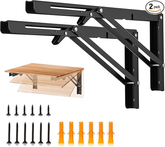 JOY DECOR 16 Inch Heavy Duty Folding Shelf Brackets, 2 Pack (1 Pair) Collapsible Wall Mounted Brackets for Fold Down Table, Stainless Steel Folding Table Hinge, Matte Black