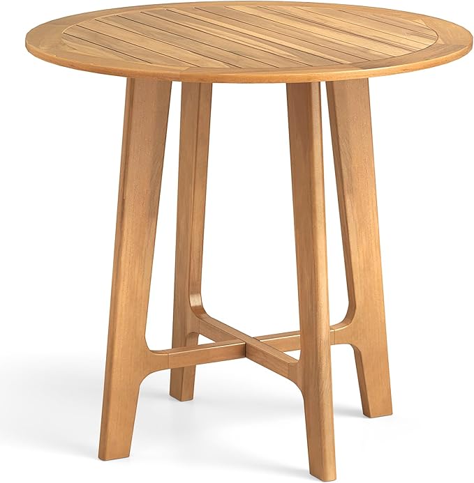 Tangkula 31.5” Patio Dining Table, Round Teak Wood Dining Table w/Slatted Tabletop, X-Shaped Frame, 4 Sturdy Supporting Legs, Farmhouse Dining Furniture for Dining Room, Garden, Poolside