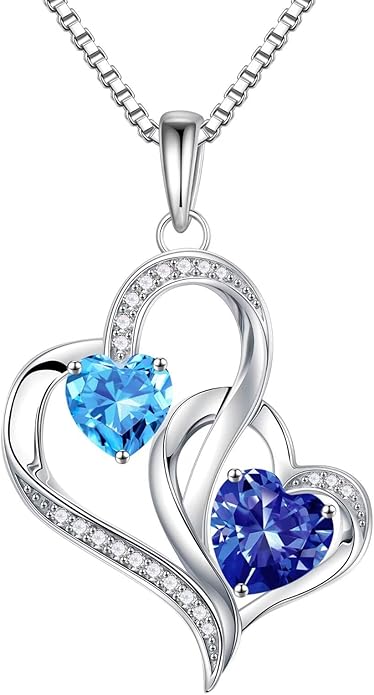 Iefil Christmas Gifts for Women - Double Heart Birthstone Necklace, 925 Sterling Silver Heart Pendant Necklace, Anniversary Birthday Gifts for Women | Personalized Jewelry Gift for Wife Mom Girlfriend