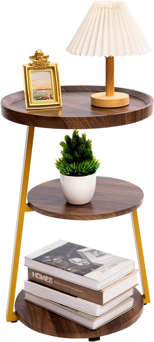 Small Round Side Table, 3-Tier End Table for Living Room, Wooden Nightstand Bedside Tables with Storage Shelf, Circle Accent Table for Bedroom, Office, Apartment (Walnut, Golden Frame)