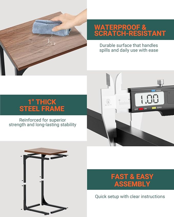 C-Shaped Side Table for Couch - Small Coffee Stand Sofa Tray Desk with Metal Frame and Waterproof Scratch Resistant, Modern End Accent for Living Room, Bedroom, Small Spaces, Rustic Walnut