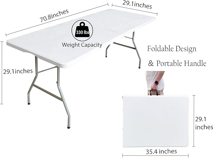 6 Foot Folding Table 6ft Fold in Half Heavy Duty Plastic Foldable Table, 72 inch Portable Table with Handle,Indoor Outdoor 6‘ Utility Card Tables for Picnic, Party, Dining