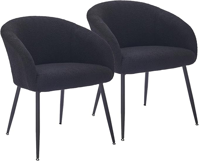 Modern Small Accent Chair Set of 2, Comfy Sherpa Makeup Vanity Chair with Metal Legs, Decorative Chair no Wheels for Living Room, Dressing Room, Bedroom, Black